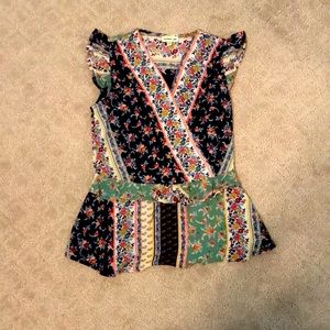 Colorful flower cross v-neck frilly bottom top